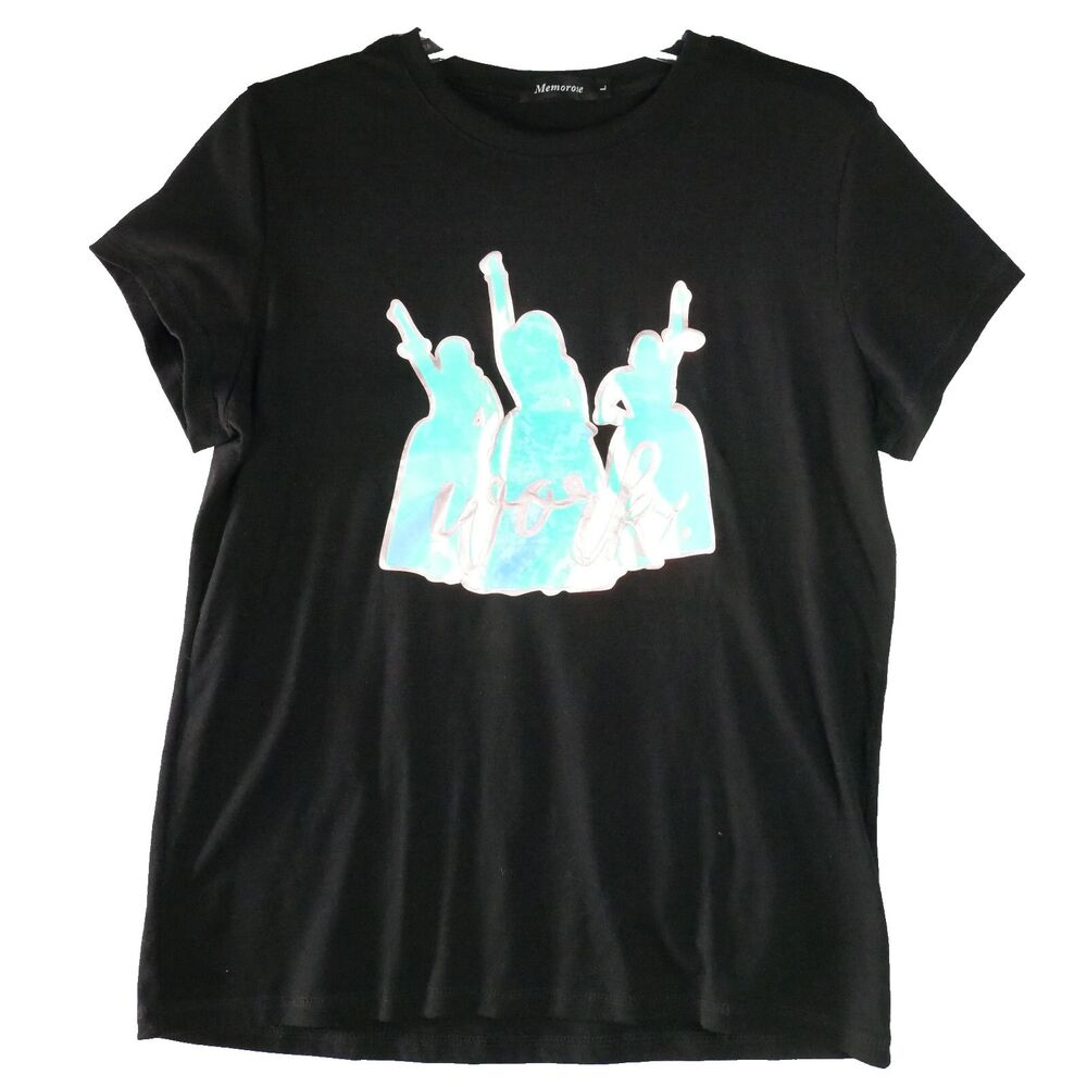 Memorose Womens Size L Black T-shirt w Holographic "Work" Front Patch